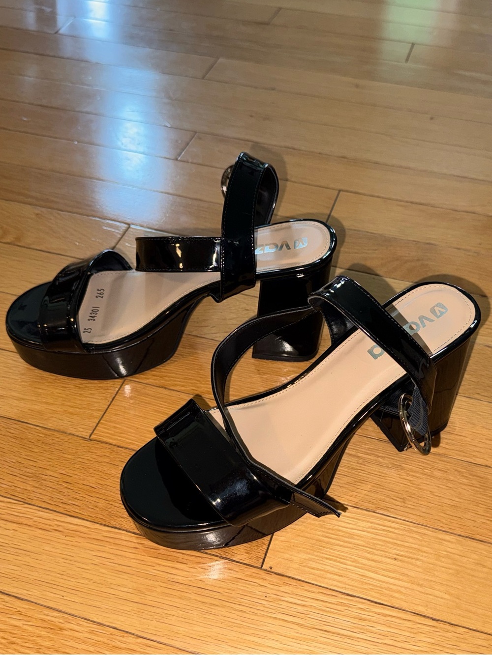 Patent Platform Block Heel Sandals in Black